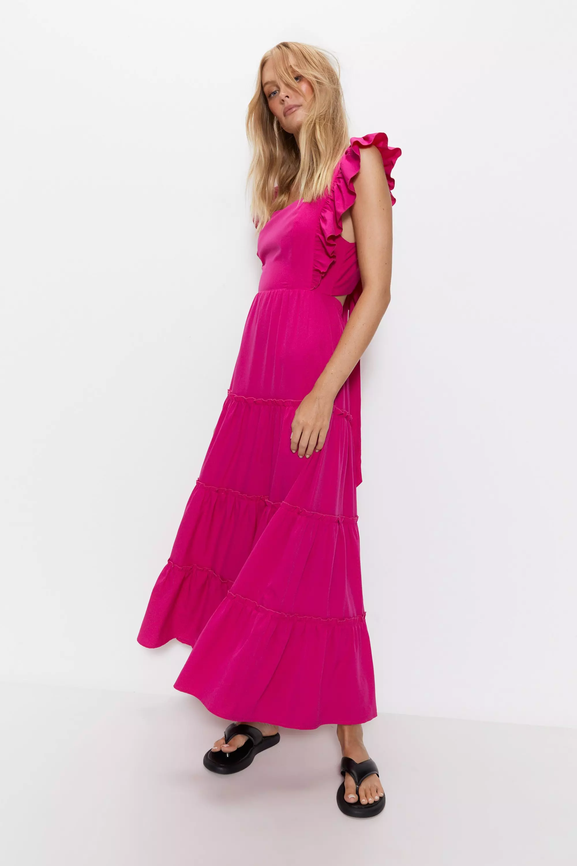 Warehouse tie back store ruffle midi dress